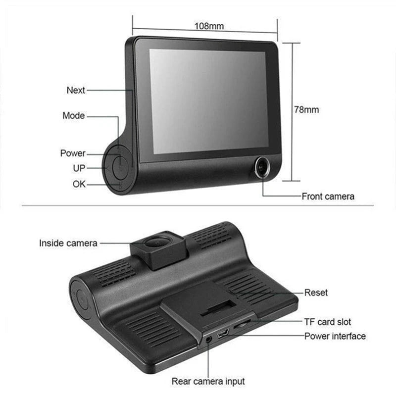 1080P 3-Lens Car Dashcam with 4” Screen