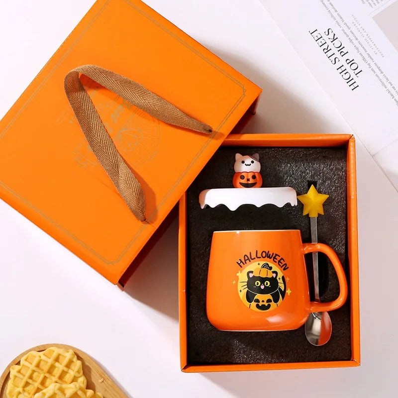 Halloween Pumpkin Ceramic Mug with Lid & Spoon Gift Set
