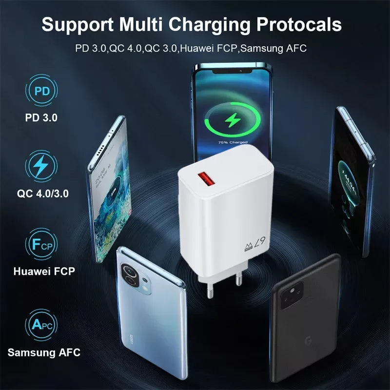 67W USB Super Fast Charger 6A Type C Cable Phone Power Adapter