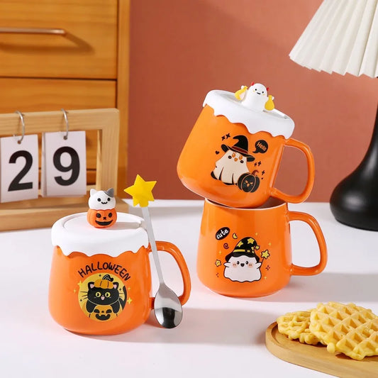 Halloween Pumpkin Ceramic Mug with Lid & Spoon Gift Set