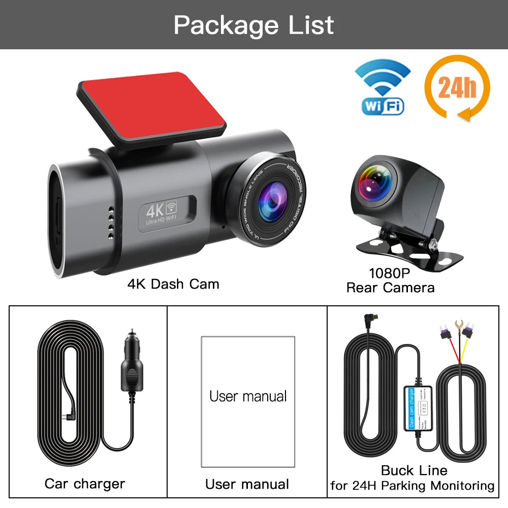 4K+1080P Dual Lens Dash Cam – Night Vision & WiFi