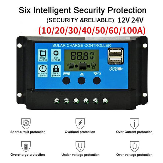 10A–100A Solar Charge Controller with LCD & USB