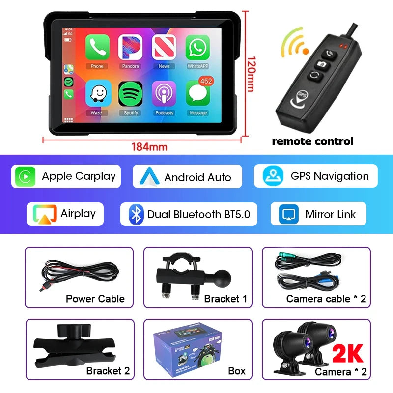 5‑7″ Waterproof Motorcycle CarPlay/Android Auto GPS