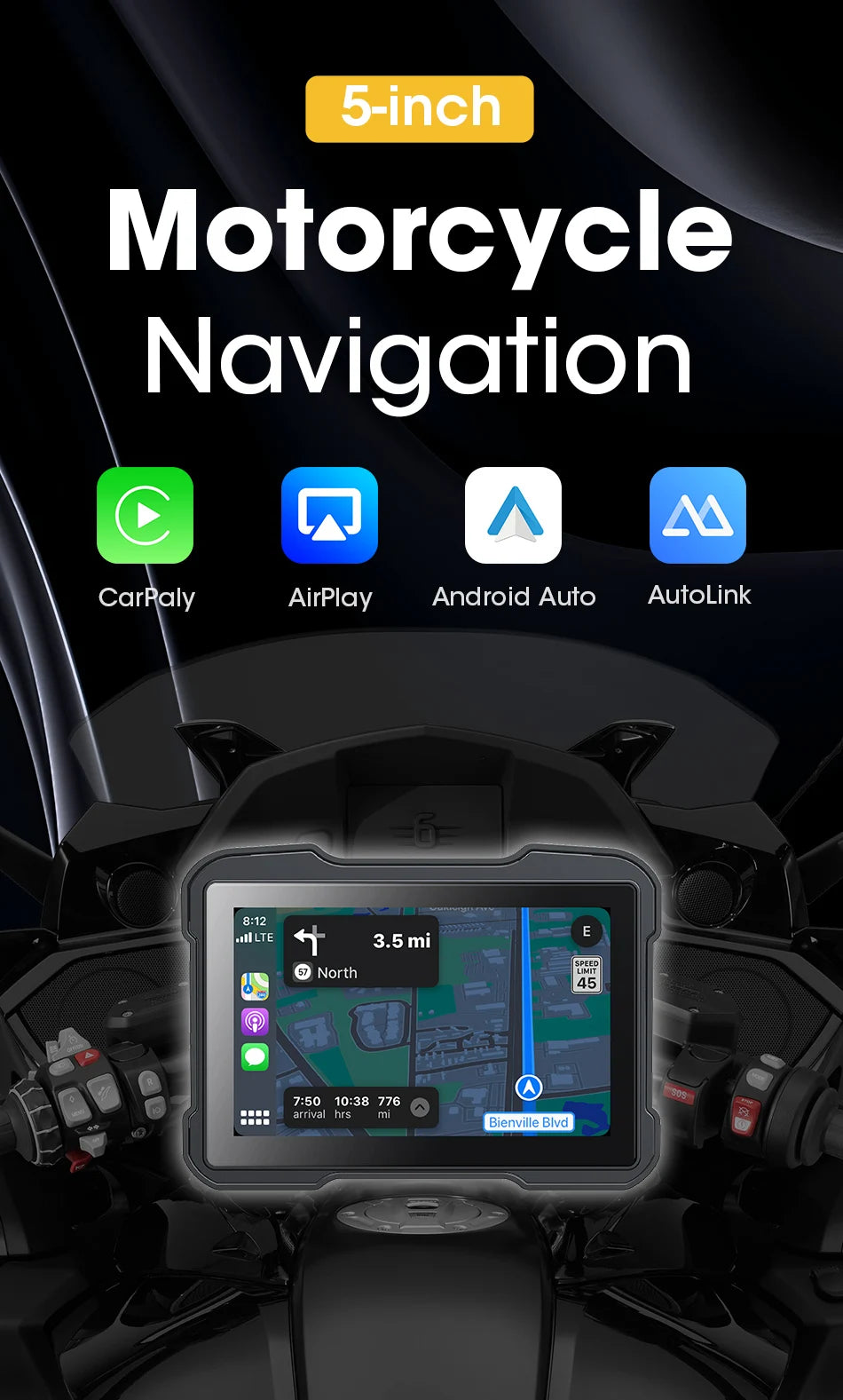 5" Motorcycle GPS DVR – Waterproof Dash Cam with CarPlay