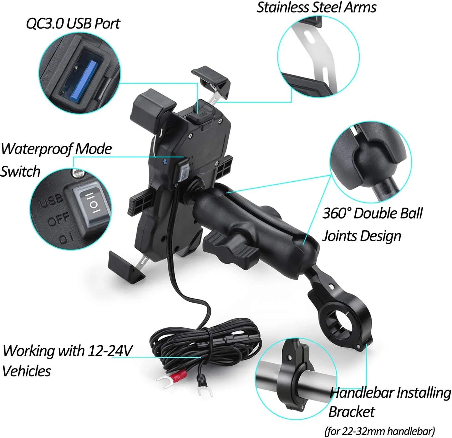 Motorcycle Phone Holder with Fast Wireless Charging