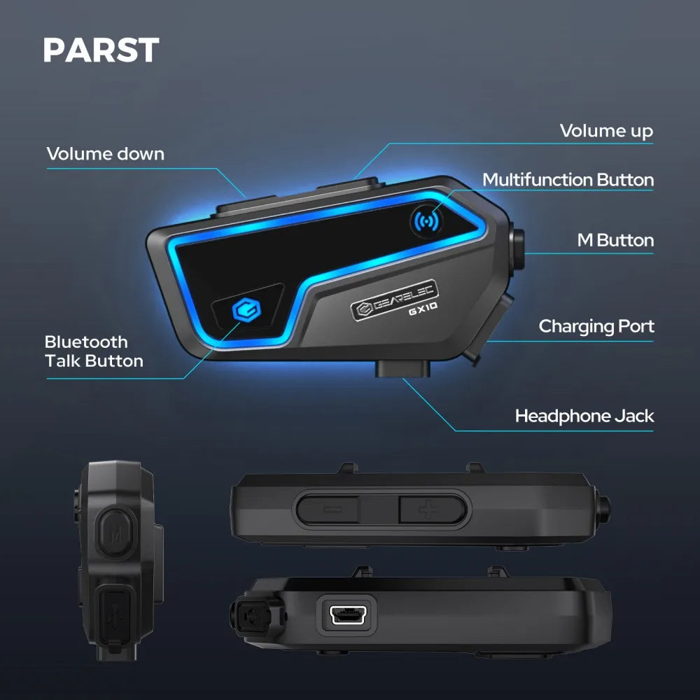 GEARELEC GX10 Bluetooth Motorcycle Intercom 10 Riders