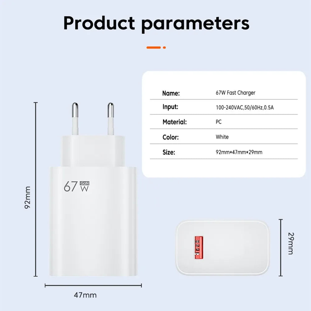 67W USB Super Fast Charger 6A Type C Cable Phone Power Adapter