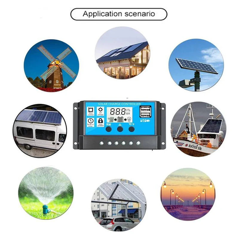 10A–100A Solar Charge Controller with LCD & USB