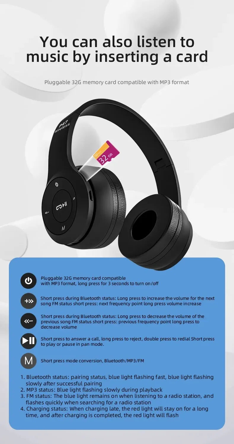 Stereo P47 Headset 5.0 Bluetooth Headset Folding Wireless