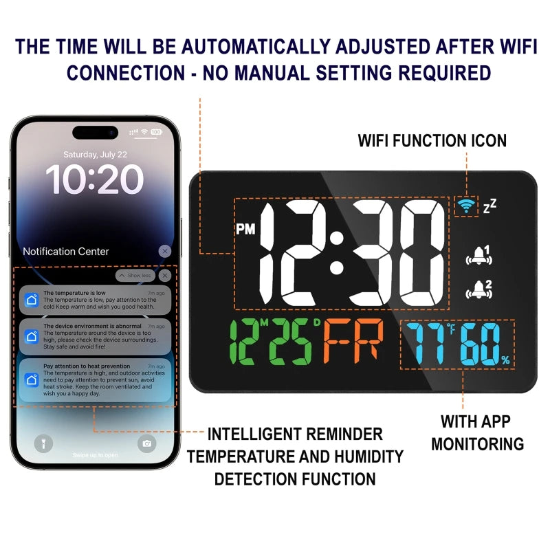 Smart WiFi LED Wall Clock with Temp & Humidity