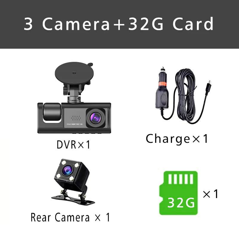 1080P 3-Lens Dash Cam with Interior View