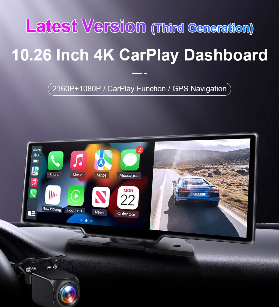 10.26'' 4K Dash Cam with Carplay & Android Auto