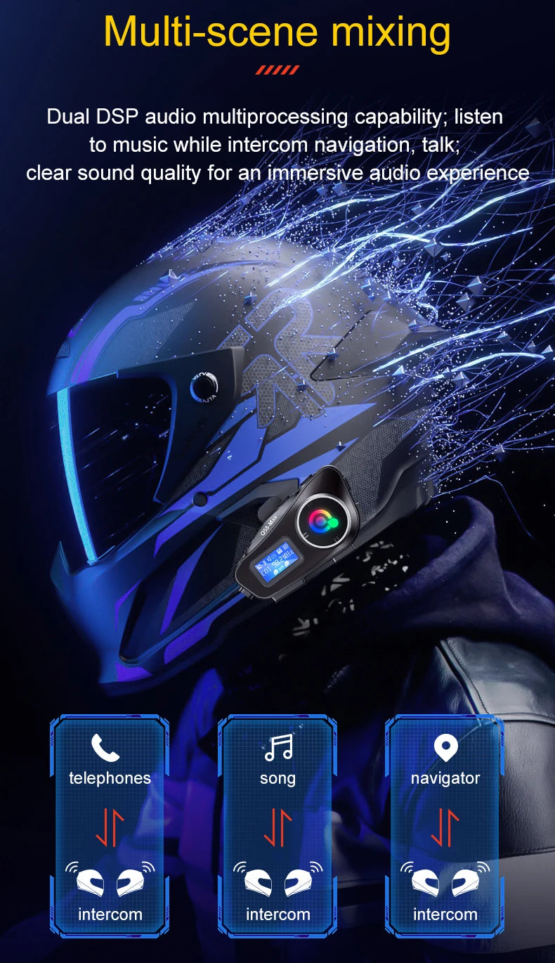 Q58 Bluetooth Motorcycle Helmet Intercom with LED & FM
