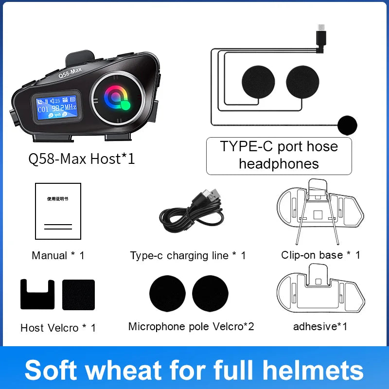 Q58 Bluetooth Motorcycle Helmet Intercom with LED & FM