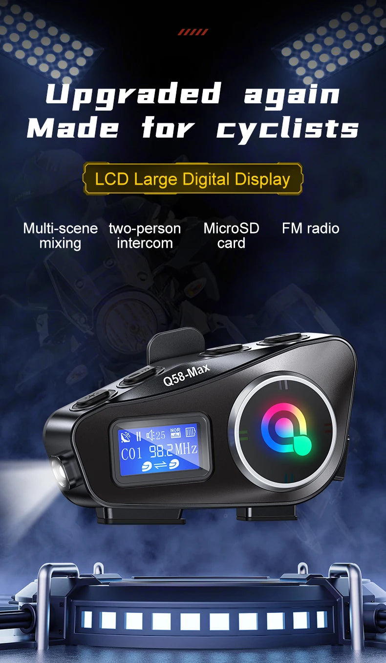 Q58 Bluetooth Motorcycle Helmet Intercom with LED & FM
