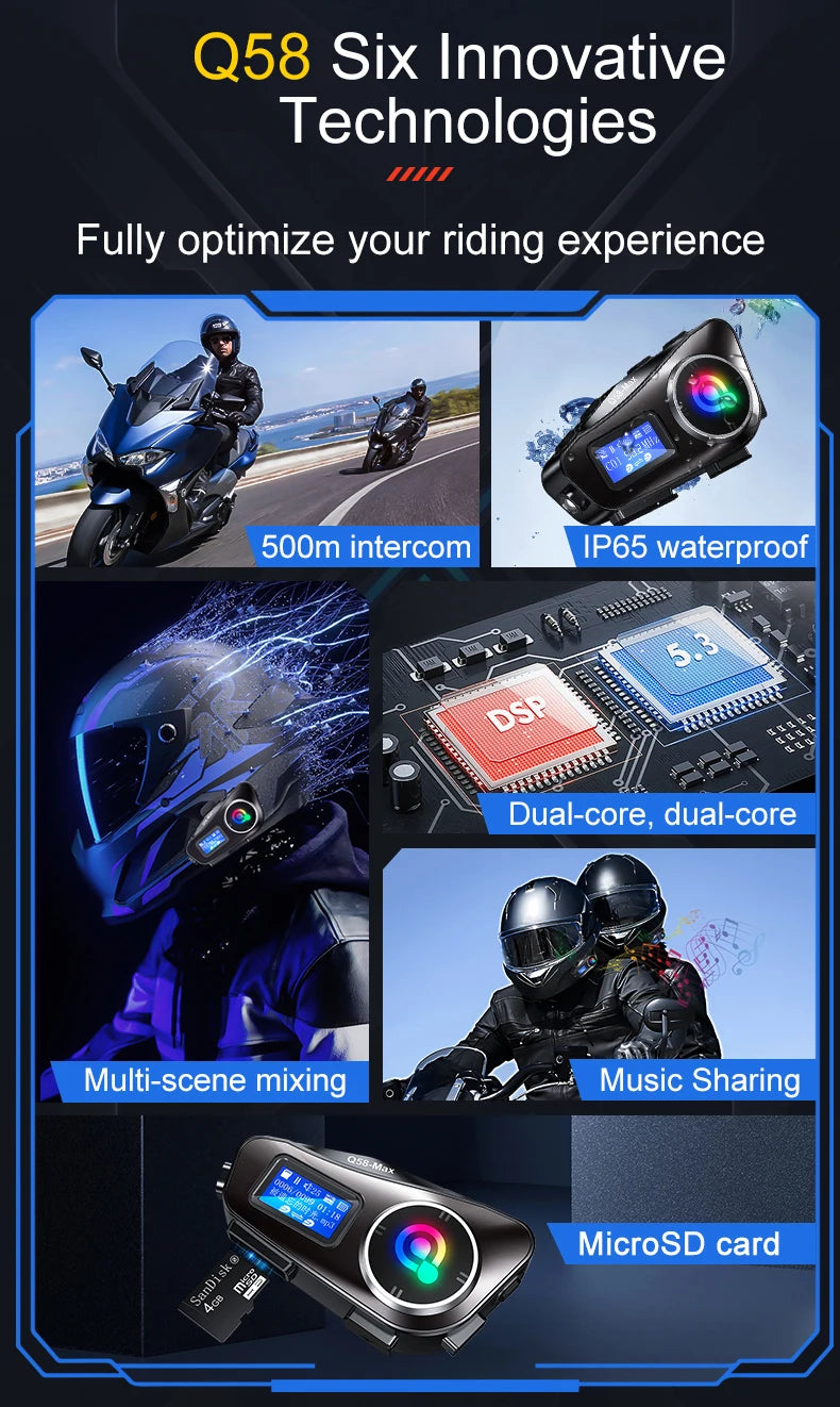 Q58 Bluetooth Motorcycle Helmet Intercom with LED & FM