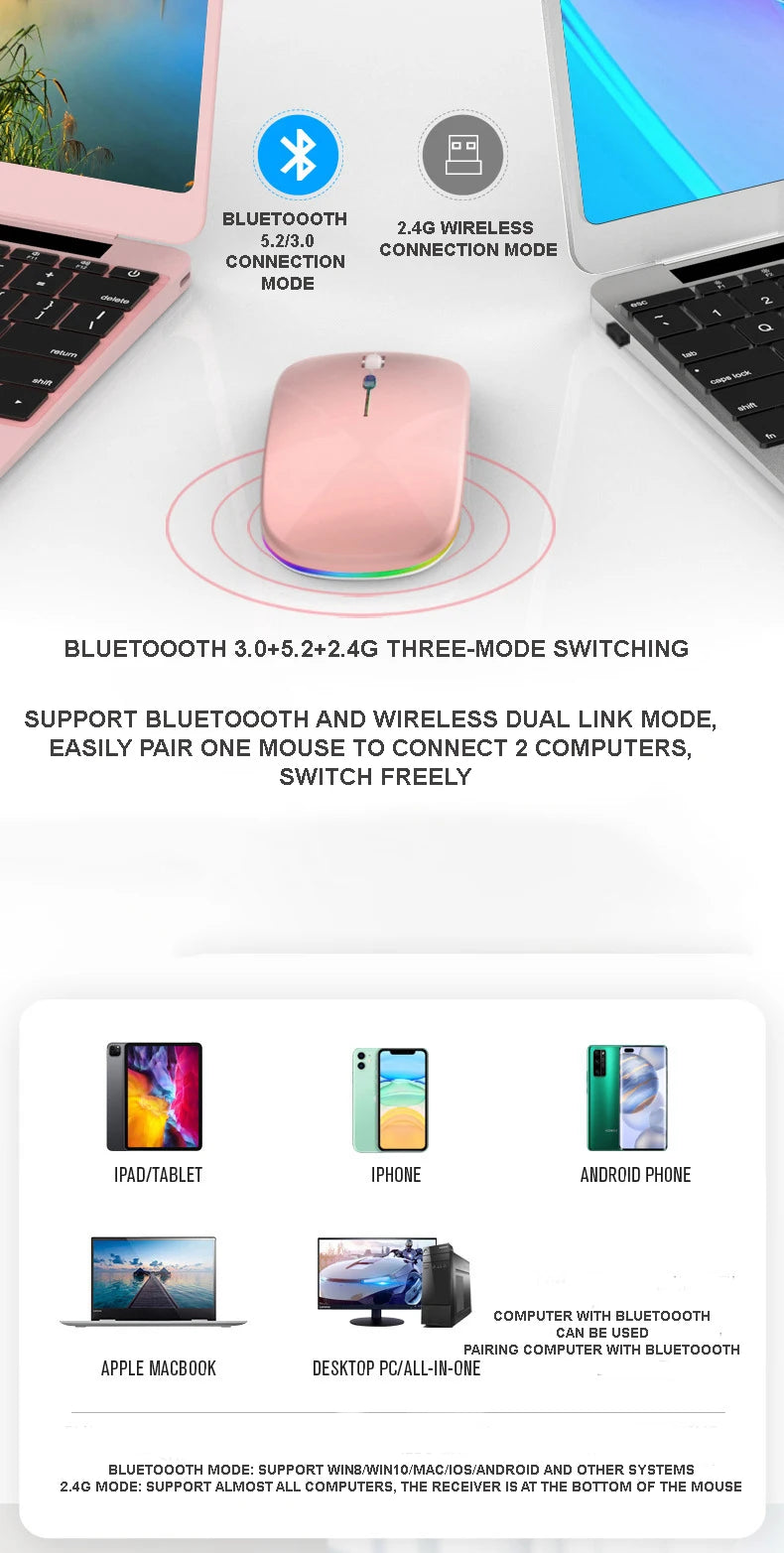 Wireless Mouse Gaming Backlight USB Compatible RGB Rechargeable