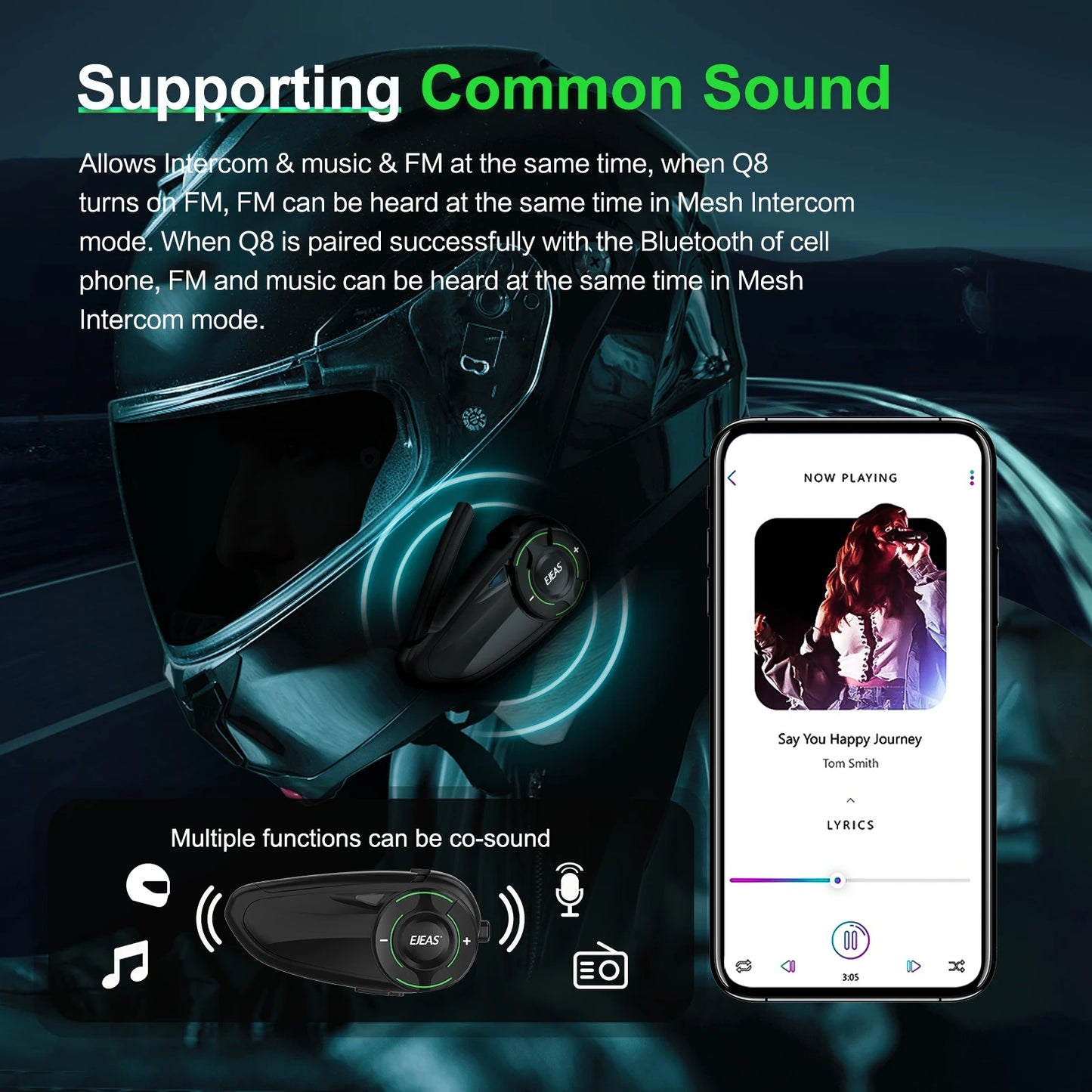 EJEAS Q8 Motorcycle Mesh Intercom Bluetooth 5.1