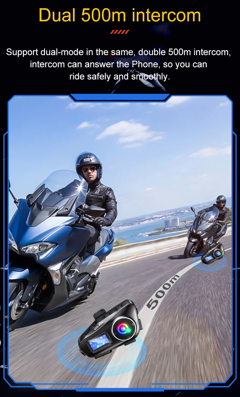 Q58 Bluetooth Motorcycle Helmet Intercom with LED & FM