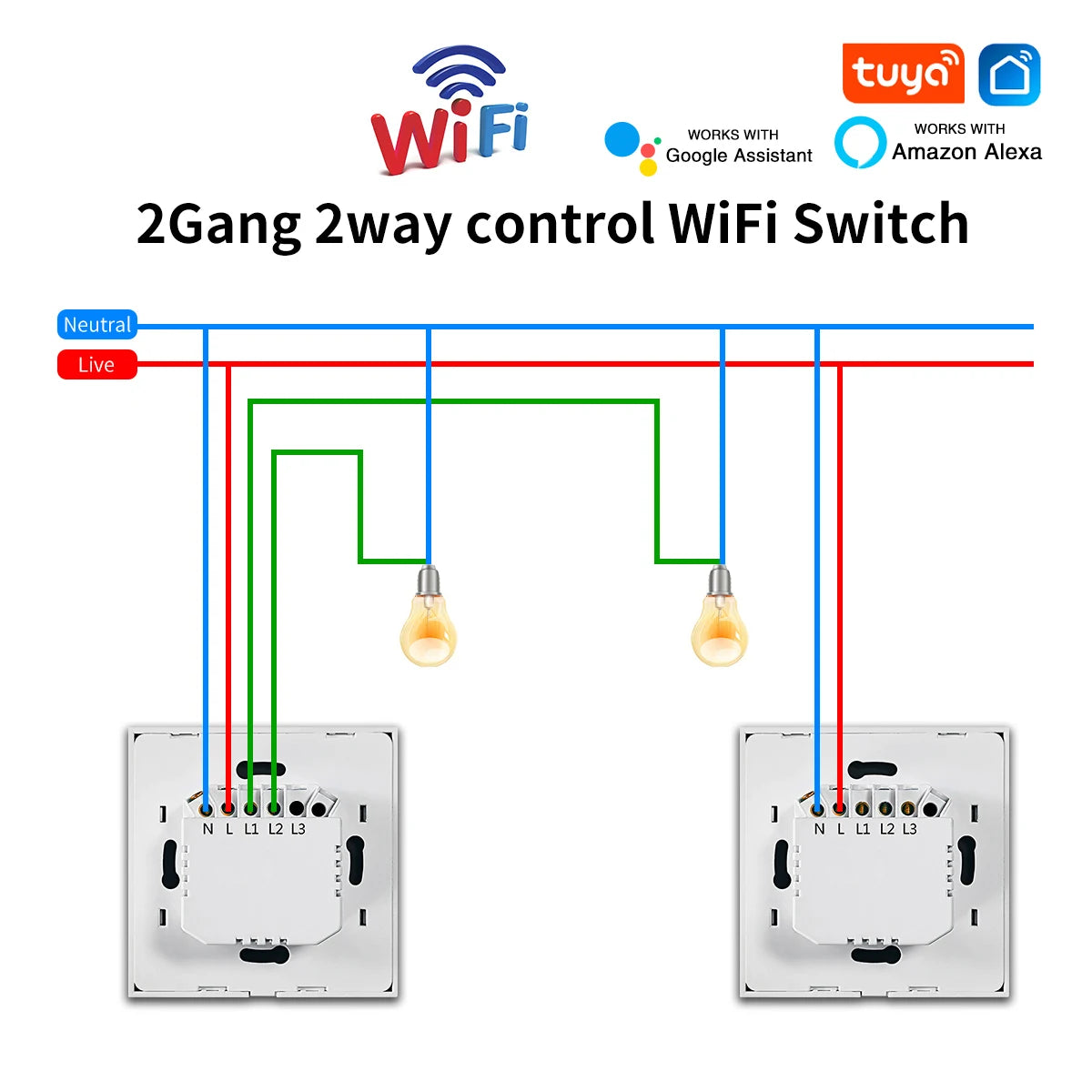 WiFi Smart 2-Way Touch Wall Switch – TUYA Compatible