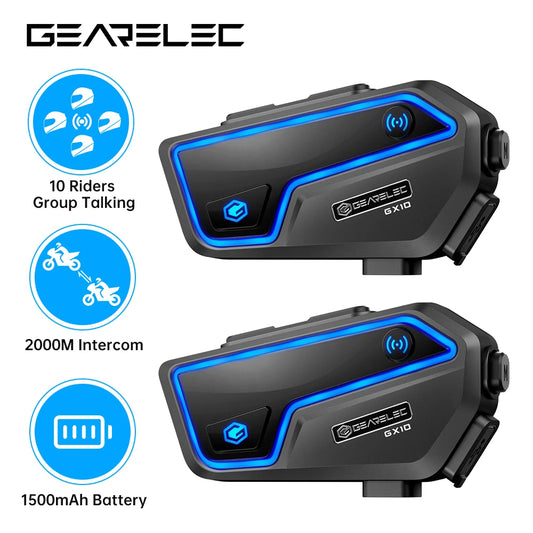 GEARELEC GX10 Bluetooth Motorcycle Intercom 10 Riders