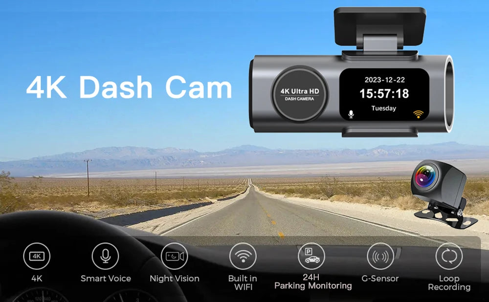 4K+1080P Dual Lens Dash Cam – Night Vision & WiFi