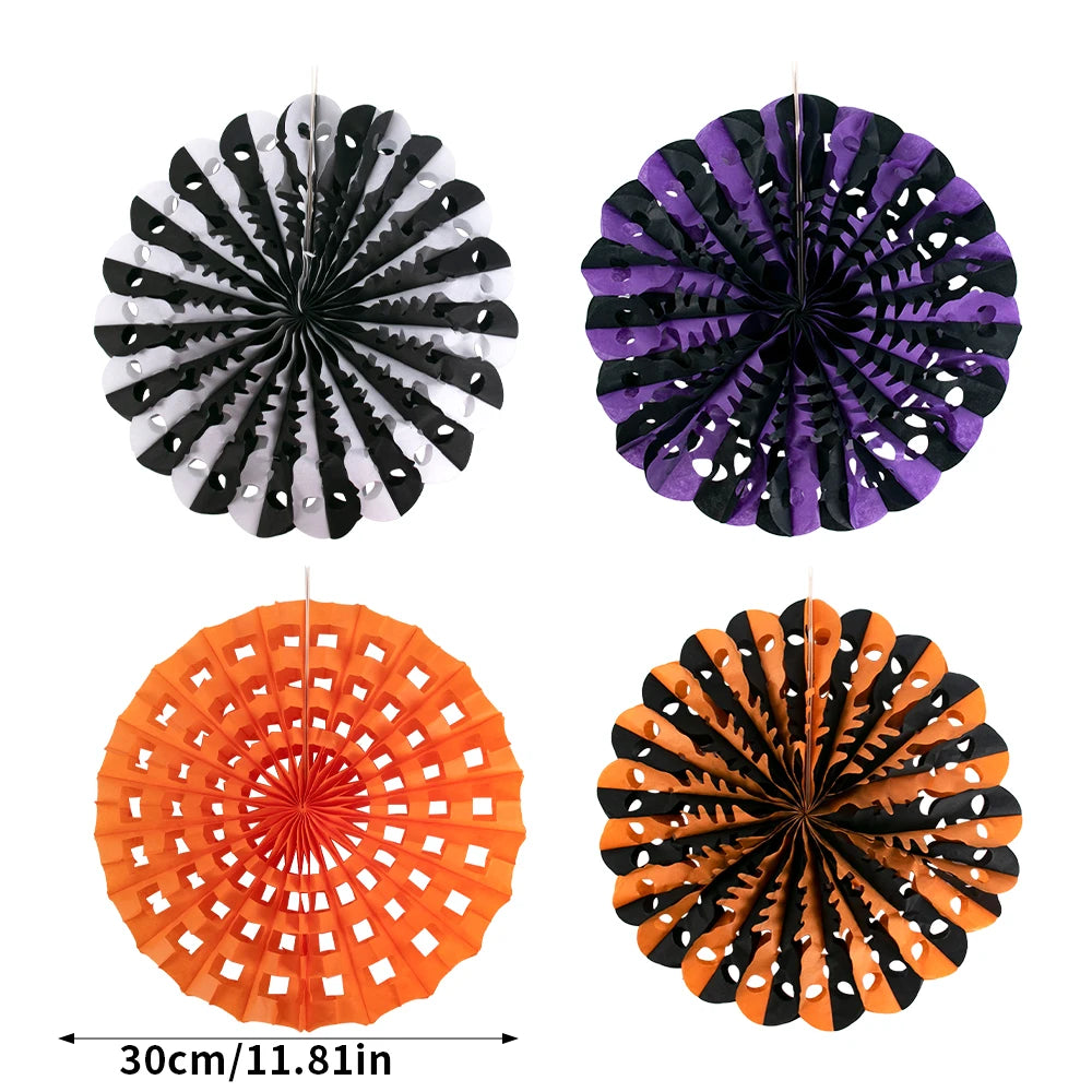 Halloween Paper Fans Set – Black & Orange Spider Web Décor