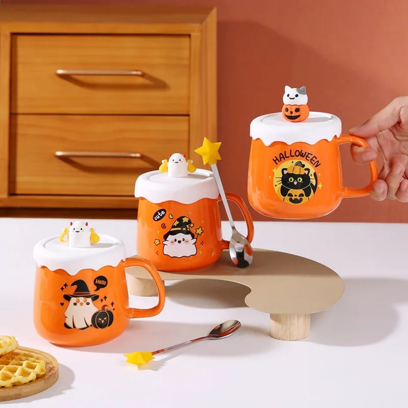 Halloween Pumpkin Ceramic Mug with Lid & Spoon Gift Set