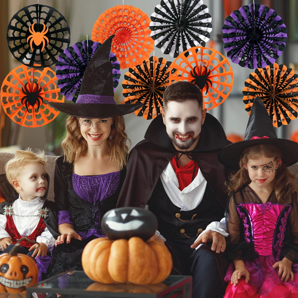 Halloween Paper Fans Set – Black & Orange Spider Web Décor