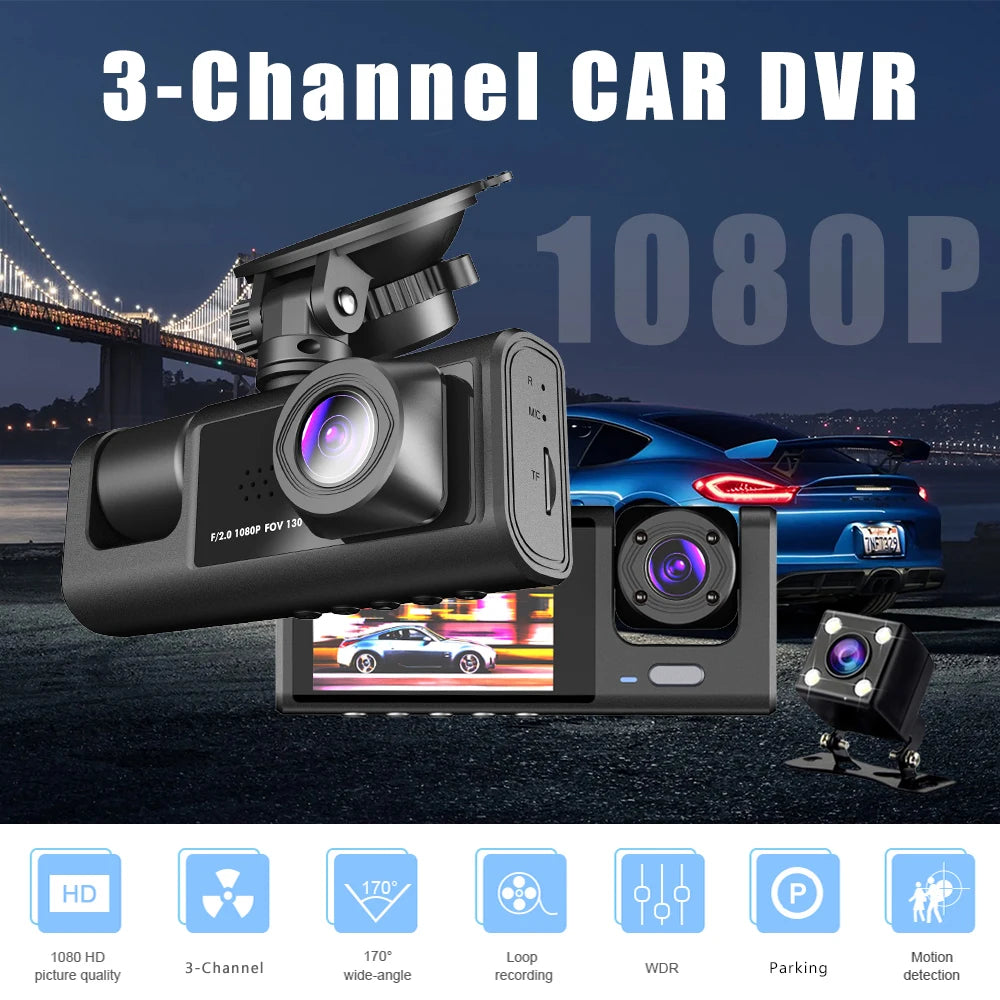 1080P 3-Lens Dash Cam with Interior View