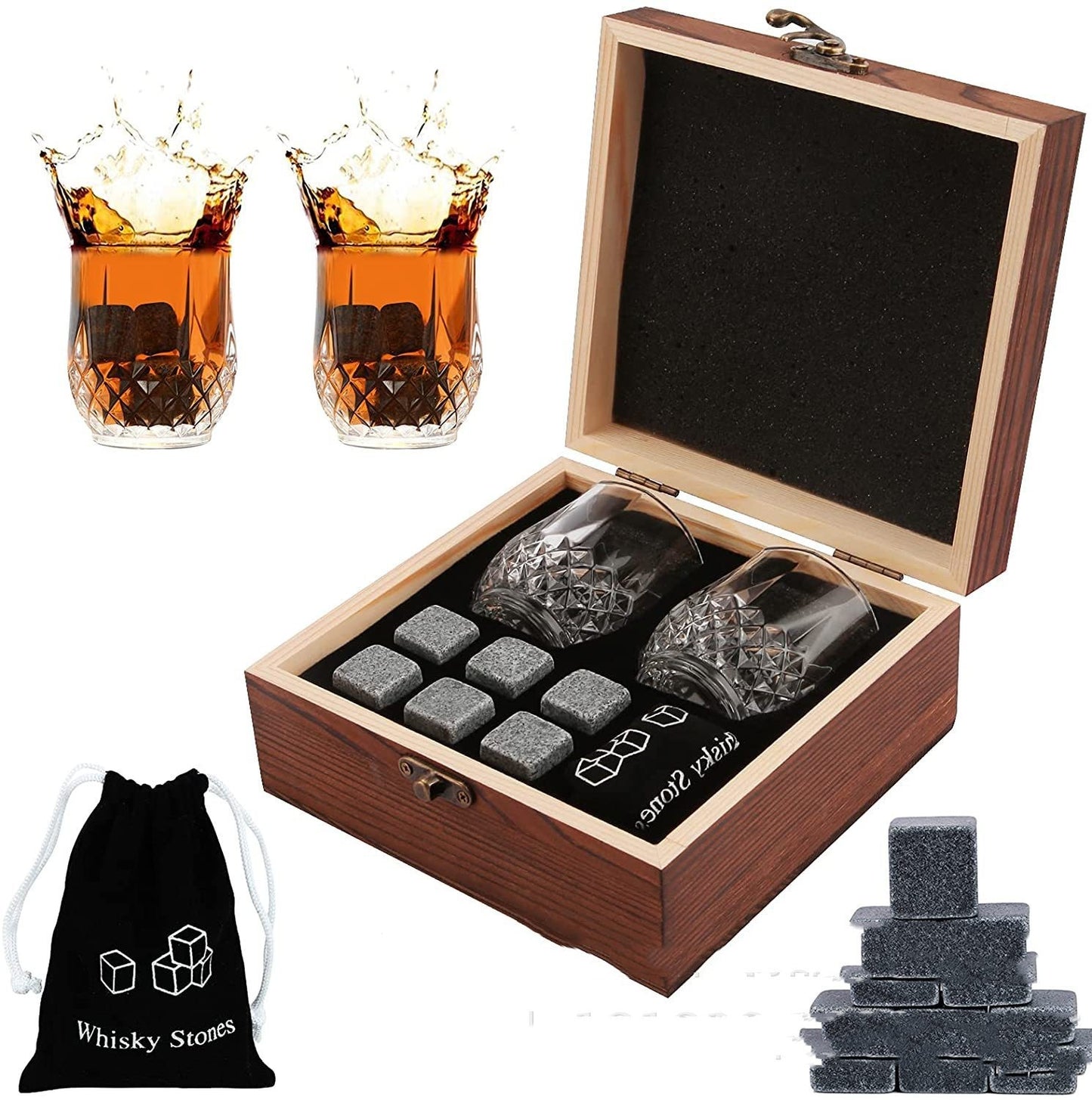 Whiskey Stones Gift Set with Wine Glasses